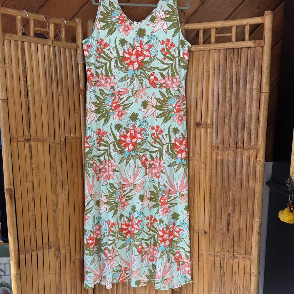 Talbots Mint Maxi Dress with Coral Floral and Olive Leaves . Size XL. NWT